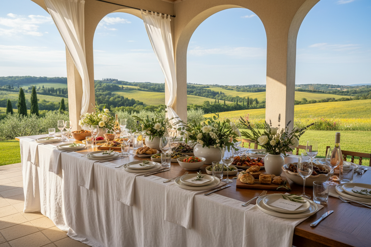 Beautiful family-style dinner for 20 people with summer view